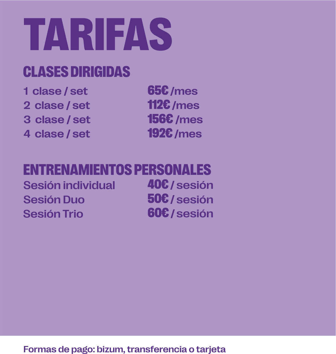 Tarifas de clases dirigidas y entrenamientos personales en 22:22 Centro de Entrenamiento Personal y Salud en Girona